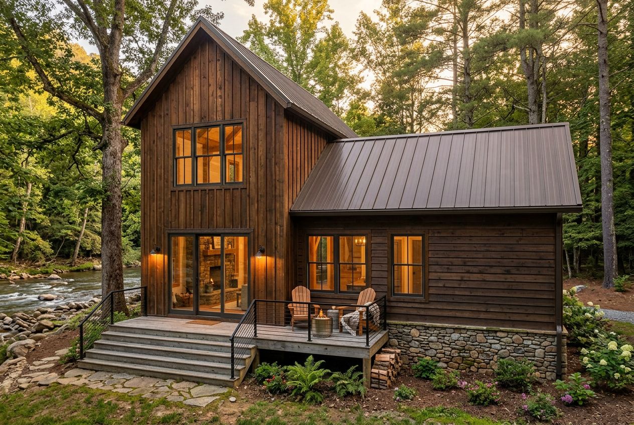A Trillium Waterfront cabin — dark timber and stone architecture perched beside the Soque River